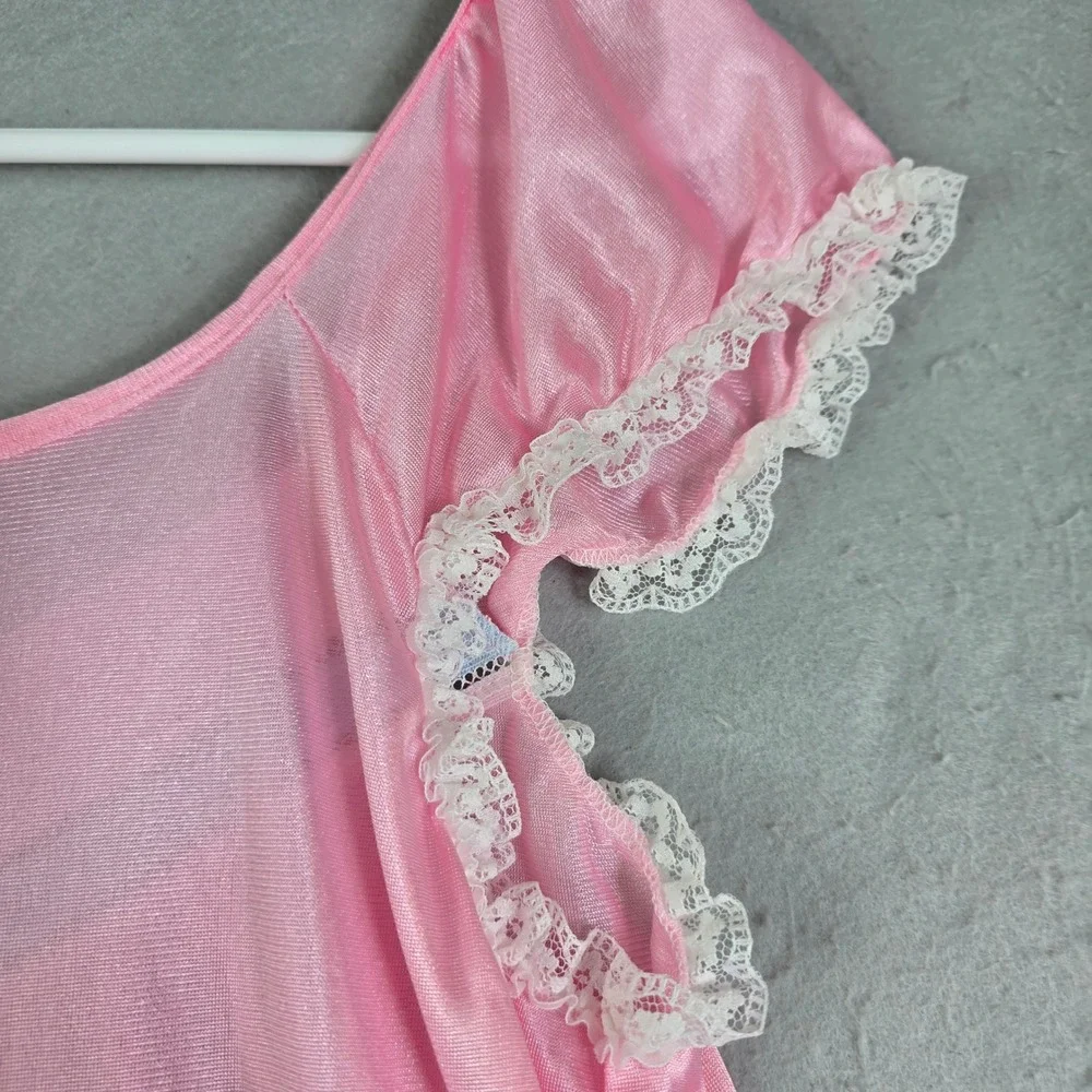 Vintage Pink Nylon Nightgown Womens Medium Pink‎ Lace Trim Ruffle Hem Sleepwear